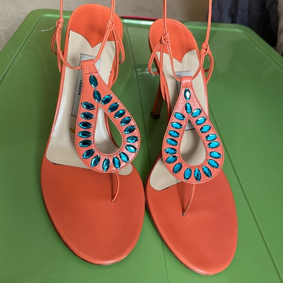 Jimmy Choo Shoes - Jimmy Choo Orange Heels with Teal Accents